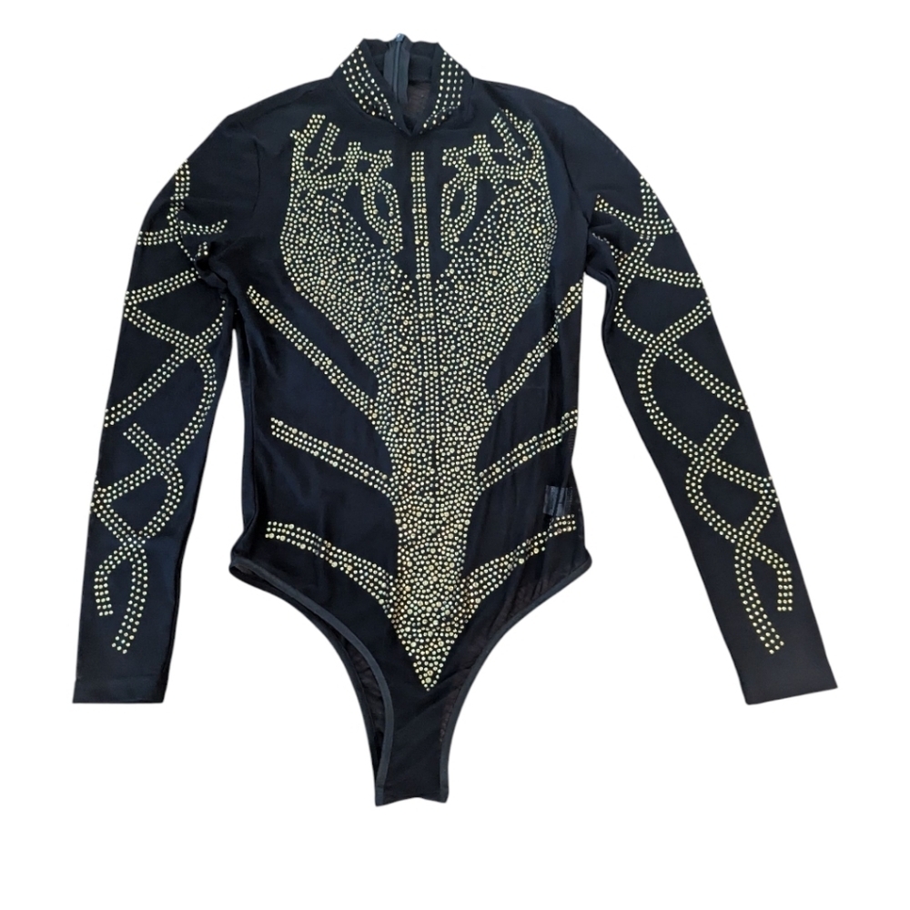 Sexy Gold Rhinestone Sheer Black Long Sleeve Bodysuit Sz S - Picture 6 of 8